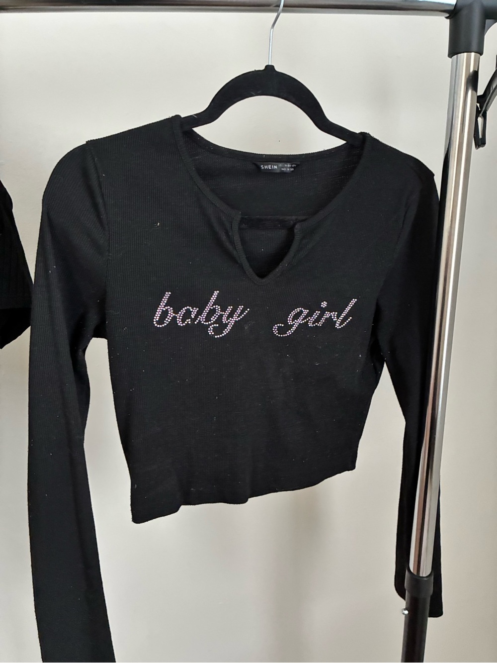 SHEIN Black Long Sleeve Crop Top with Pink Crystal 'baby girl' Script